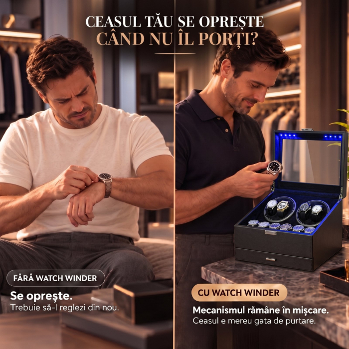 Cutie intors ceasuri automatice, Organizator 6 ceasuri cu compartiment bijuterii, Watch Winder Premium, 4 programe presetate, Alimentare la priza [3]