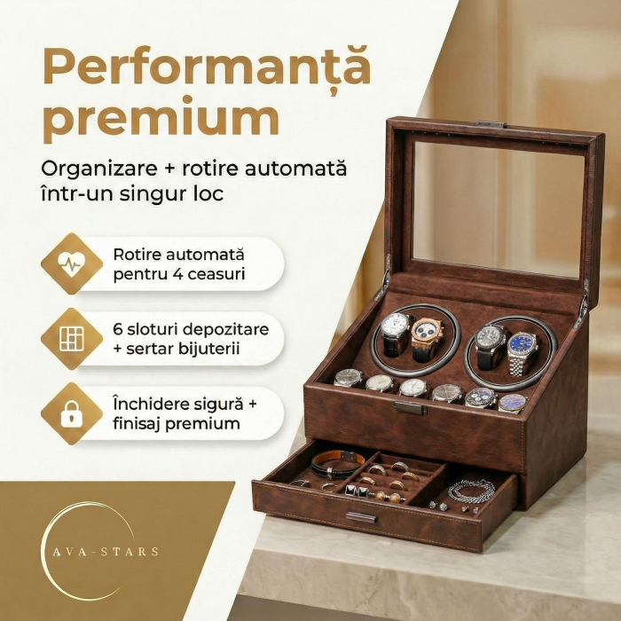 Cutie intors ceasuri automatice, Organizator 6 ceasuri cu compartiment bijuterii, Watch Winder Premium, 4 programe presetate, Alimentare la priza [4]