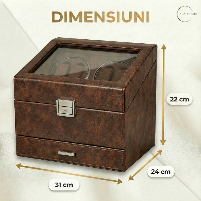 Cutie intors ceasuri automatice, Organizator 6 ceasuri cu compartiment bijuterii, Watch Winder Premium, 4 programe presetate, Alimentare la priza [8]