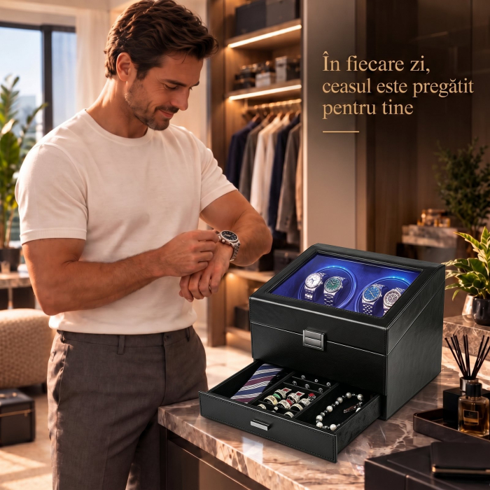 Cutie intors ceasuri automatice, Organizator 6 ceasuri cu compartiment bijuterii, Watch Winder Premium, 4 programe presetate, Alimentare la priza [8]