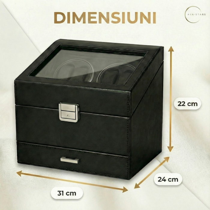 Cutie intors ceasuri automatice, Organizator 6 ceasuri cu compartiment bijuterii, Watch Winder Premium, 4 programe presetate, Alimentare la priza [7]
