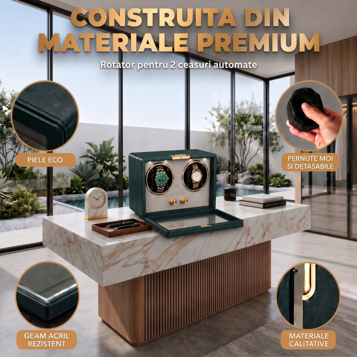 Cutie Intors Ceasuri Automatice, Watch Winder Premium W161, Rotator pentru 2 Ceasuri Automate cu 4 programe presetate, Iluminare LED, Alimentare la Priza sau Baterii [5]