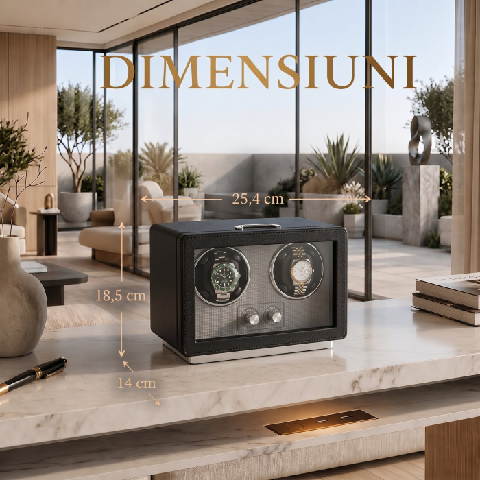 Cutie Intors Ceasuri Automatice, Watch Winder Premium W161, Rotator pentru 2 Ceasuri Automate cu 4 programe presetate, Iluminare LED, Alimentare la Priza sau Baterii [10]