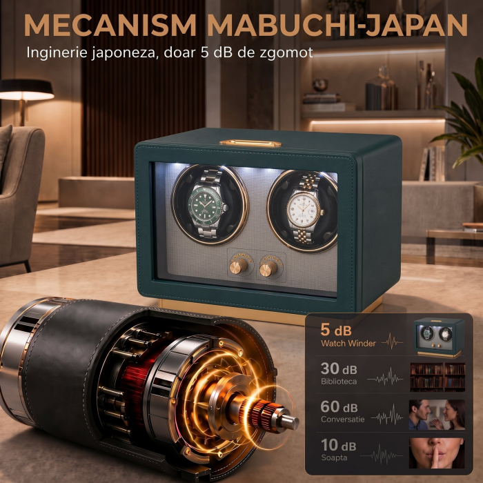 Cutie Intors Ceasuri Automatice, Watch Winder Premium W161, Rotator pentru 2 Ceasuri Automate cu 4 programe presetate, Iluminare LED, Alimentare la Priza sau Baterii [8]