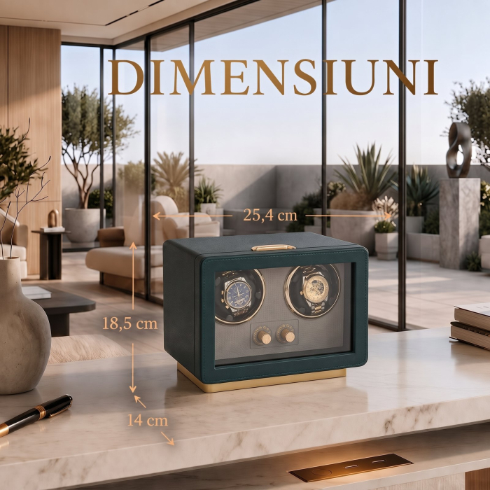 Cutie Intors Ceasuri Automatice, Watch Winder Premium W161, Rotator pentru 2 Ceasuri Automate cu 4 programe presetate, Iluminare LED, Alimentare la Priza sau Baterii [11]