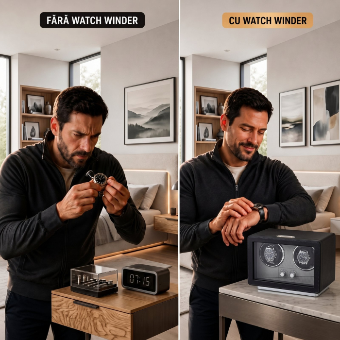 Cutie Intors Ceasuri Automatice, Watch Winder Premium W161, Rotator pentru 2 Ceasuri Automate cu 4 programe presetate, Iluminare LED, Alimentare la Priza sau Baterii [3]