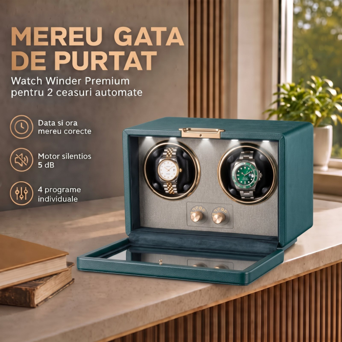 Cutie Intors Ceasuri Automatice, Watch Winder Premium W161, Rotator pentru 2 Ceasuri Automate cu 4 programe presetate, Iluminare LED, Alimentare la Priza sau Baterii [4]