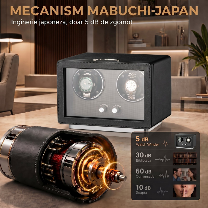 Cutie Intors Ceasuri Automatice, Watch Winder Premium W161, Rotator pentru 2 Ceasuri Automate cu 4 programe presetate, Iluminare LED, Alimentare la Priza sau Baterii [8]