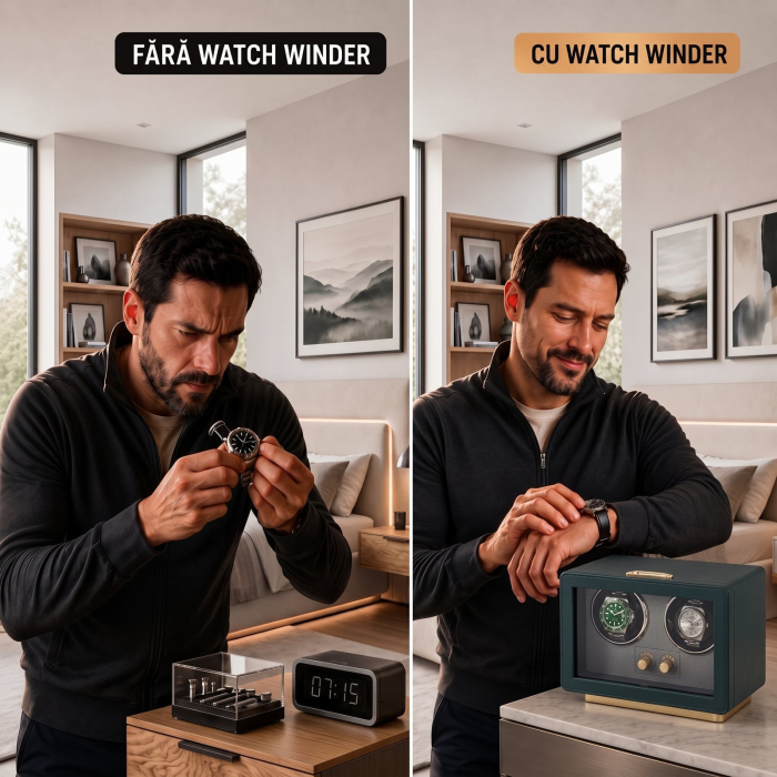 Cutie Intors Ceasuri Automatice, Watch Winder Premium W161, Rotator pentru 2 Ceasuri Automate cu 4 programe presetate, Iluminare LED, Alimentare la Priza sau Baterii [3]