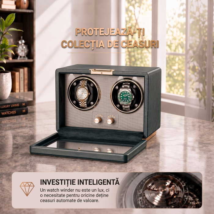 Cutie Intors Ceasuri Automatice, Watch Winder Premium W161, Rotator pentru 2 Ceasuri Automate cu 4 programe presetate, Iluminare LED, Alimentare la Priza sau Baterii [9]
