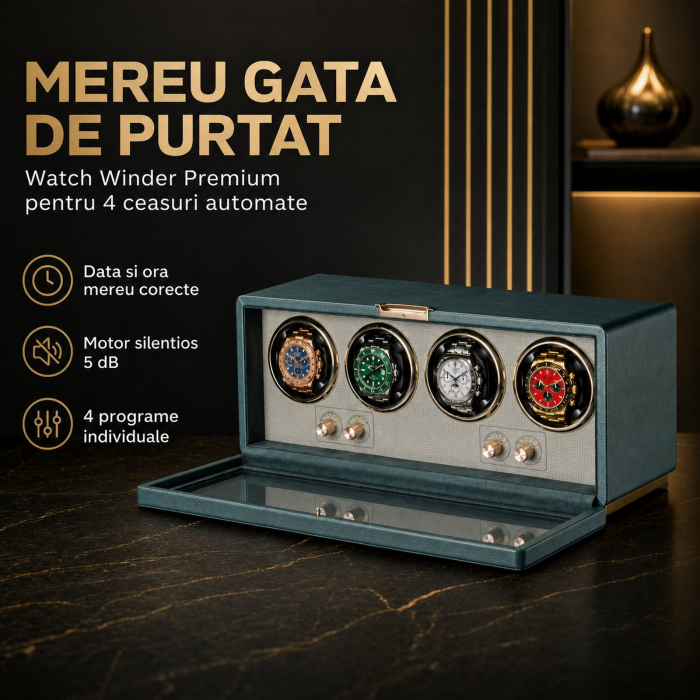 Cutie întors ceasuri automatice, Watch Winder Premium W162B, Rotator pentru 4 ceasuri automate, Motor silențios, 4 programe presetate, Iluminare LED, Alimentare la priză [3]