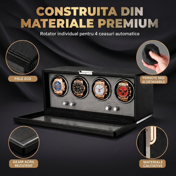 Cutie întors ceasuri automatice, Watch Winder Premium W162B, Rotator pentru 4 ceasuri automate, Motor silențios, 4 programe presetate, Iluminare LED, Alimentare la priză [5]
