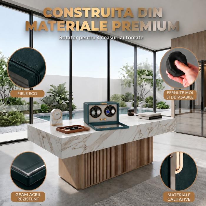 Cutie Intors Ceasuri Automatice, Watch Winder Premium W163, Rotator pentru Ceasuri Automate cu 4 programe presetate, Iluminare LED, Alimentare la Priza sau Baterii [5]