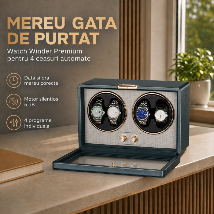 Cutie Intors Ceasuri Automatice, Watch Winder Premium W163, Rotator pentru Ceasuri Automate cu 4 programe presetate, Iluminare LED, Alimentare la Priza sau Baterii [4]