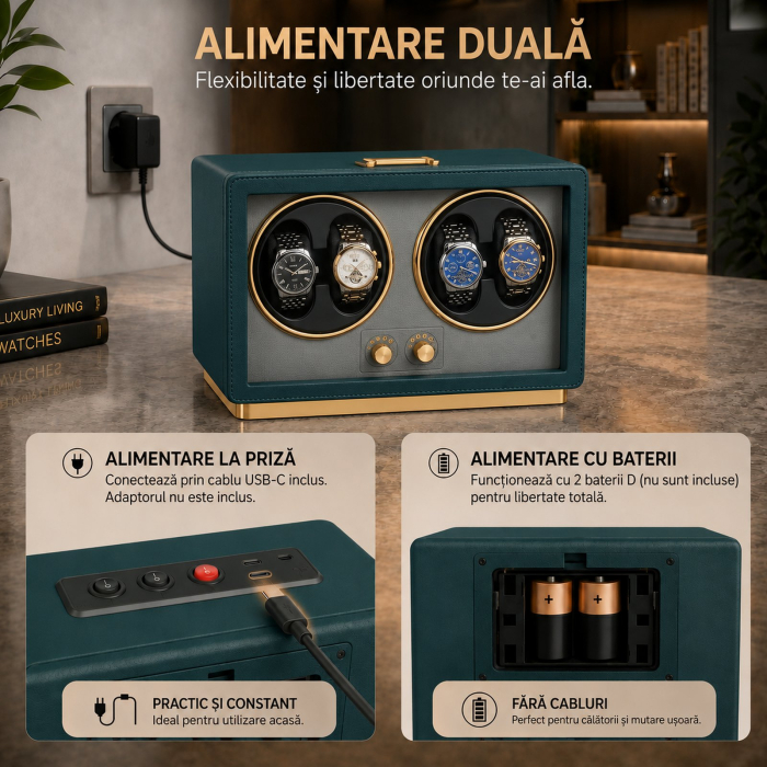 Cutie Intors Ceasuri Automatice, Watch Winder Premium W163, Rotator pentru Ceasuri Automate cu 4 programe presetate, Iluminare LED, Alimentare la Priza sau Baterii [8]