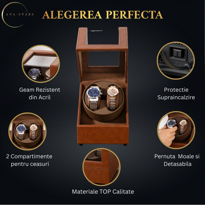 Cutie intors ceasuri, Luxury 2, Rotator pentru 2 Ceasuri Automatice, Exterior din piele [3]
