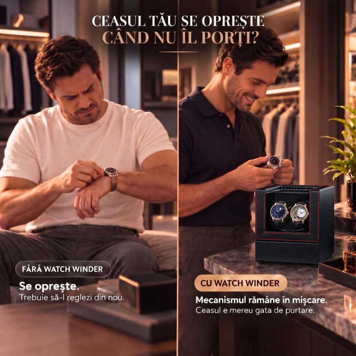 Cutie intors ceasuri, Rotator pentru 2 Ceasuri Automatice, 2 Programe Rotatie, Luxury 2, Exterior din piele, Alimentare la Priza [3]