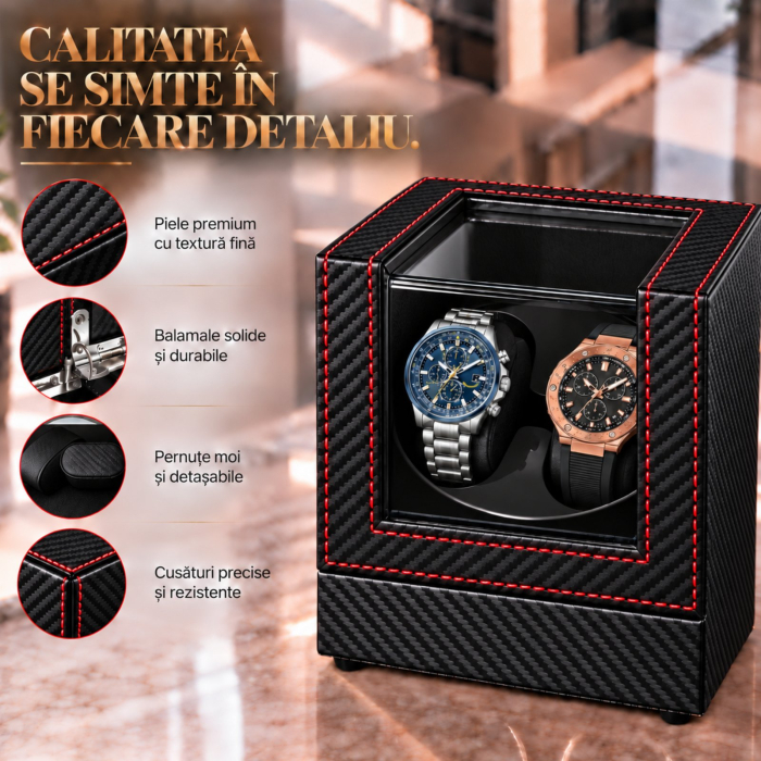 Cutie intors ceasuri, Rotator pentru 2 Ceasuri Automatice, 2 Programe Rotatie, Luxury 2, Exterior din piele, Alimentare la Priza [5]
