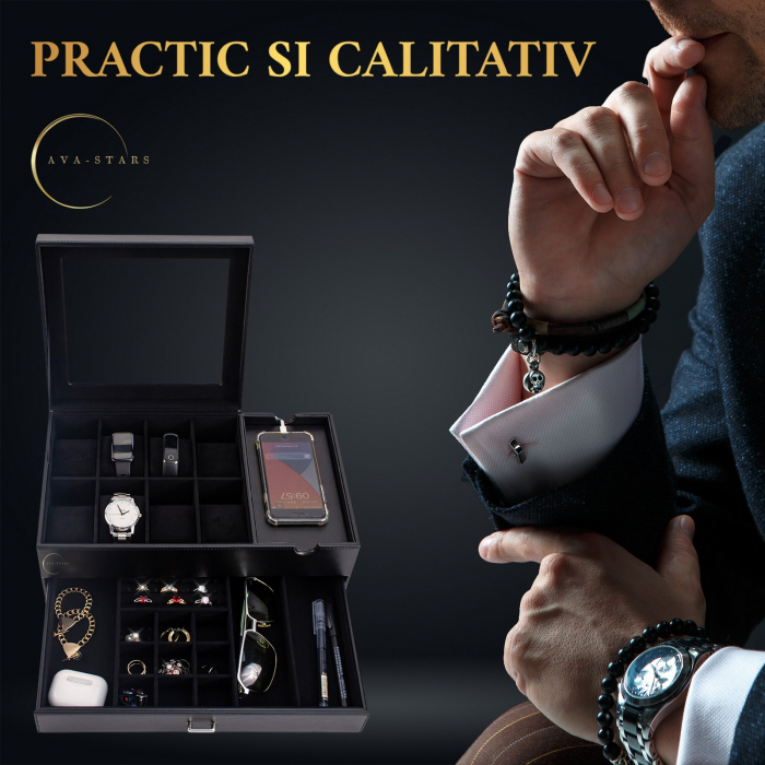 Cutie pentru ceasuri si accesorii, Exterior din Fibra de Carbon si Piele Ecologica, Geam transparent din Acril, 35x21x14cm, Negru [2]