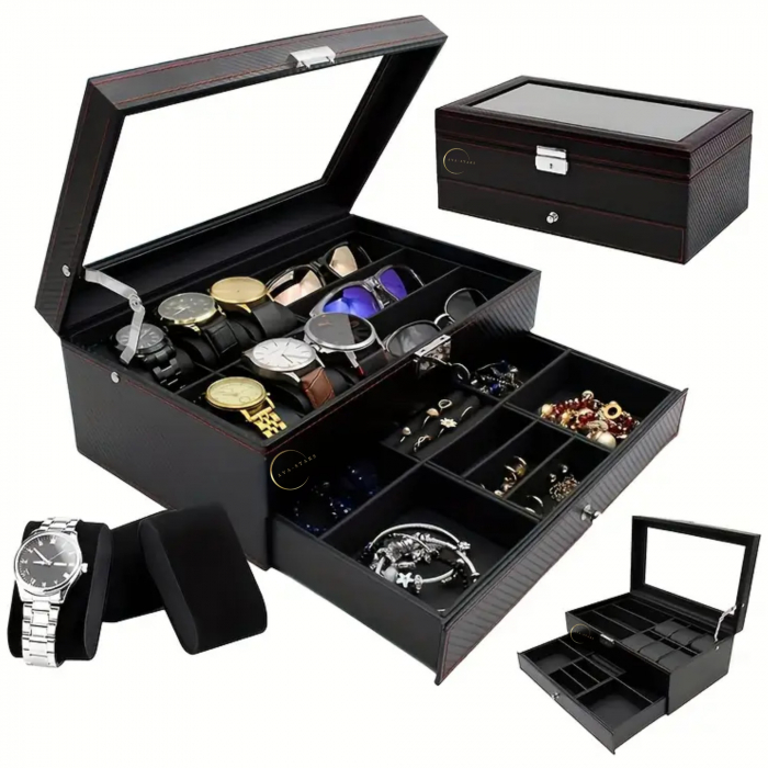 Cutie pentru depozitare ceasuri si accesorii, Caseta pentru organizat obiectele personale, Exterior din Fibra de Carbon, Geam transparent din Acril, 33x20x13cm, Negru [3]