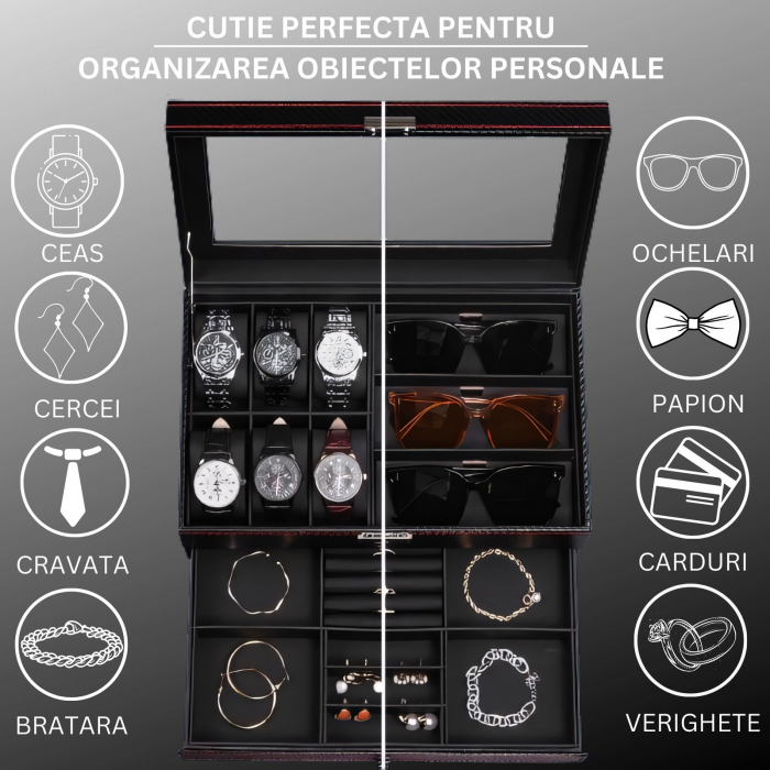 Cutie pentru depozitare ceasuri si accesorii, Caseta pentru organizat obiectele personale, Exterior din Fibra de Carbon, Geam transparent din Acril, 33x20x13cm, Negru [2]