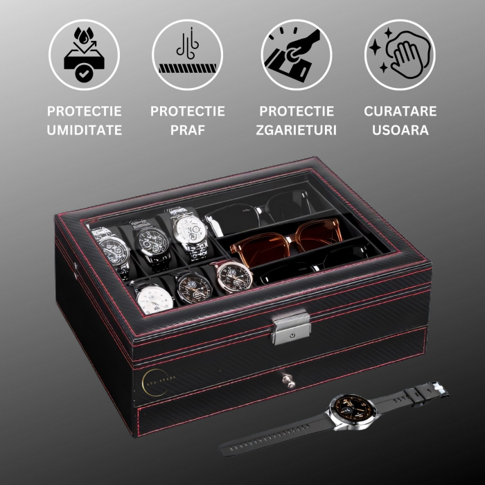 Cutie pentru depozitare ceasuri si accesorii, Caseta pentru organizat obiectele personale, Exterior din Fibra de Carbon, Geam transparent din Acril, 33x20x13cm, Negru [4]