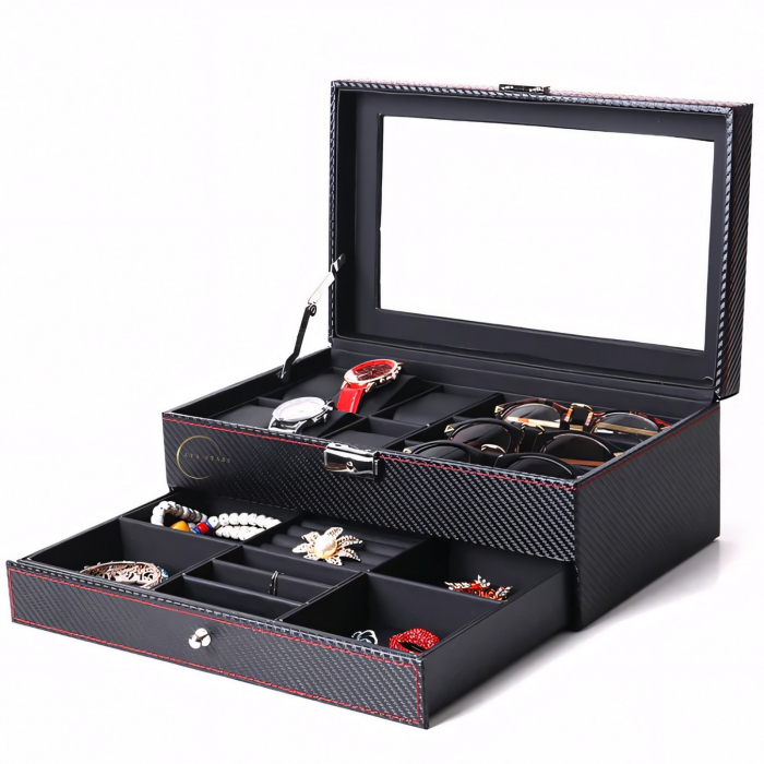 Cutie pentru depozitare ceasuri si accesorii, Caseta pentru organizat obiectele personale, Exterior din Fibra de Carbon, Geam transparent din Acril, 33x20x13cm, Negru [9]