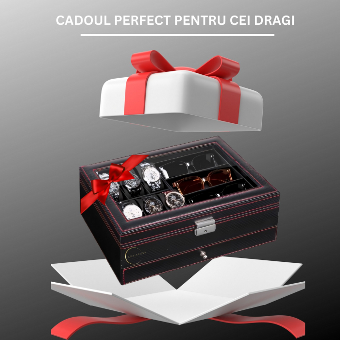 Cutie pentru depozitare ceasuri si accesorii, Caseta pentru organizat obiectele personale, Exterior din Fibra de Carbon, Geam transparent din Acril, 33x20x13cm, Negru [8]