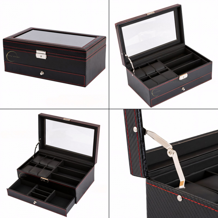 Cutie pentru depozitare ceasuri si accesorii, Caseta pentru organizat obiectele personale, Exterior din Fibra de Carbon, Geam transparent din Acril, 33x20x13cm, Negru [7]