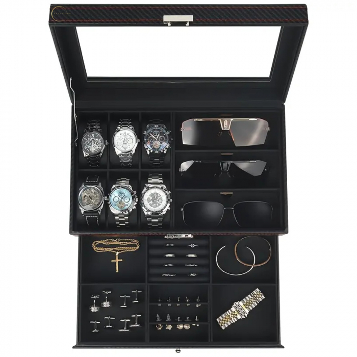 Cutie pentru depozitare ceasuri si accesorii, Caseta pentru organizat obiectele personale, Exterior din Fibra de Carbon, Geam transparent din Acril, 33x20x13cm, Negru [1]