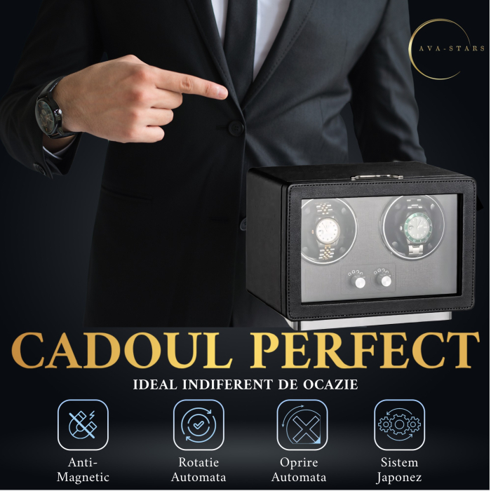 Cutie Premium de Intors 2 Ceasuri Automatice, Watch Winder, Interior din Catifea, Exterior din Piele, Alimentare la Priză sau Baterii [4]
