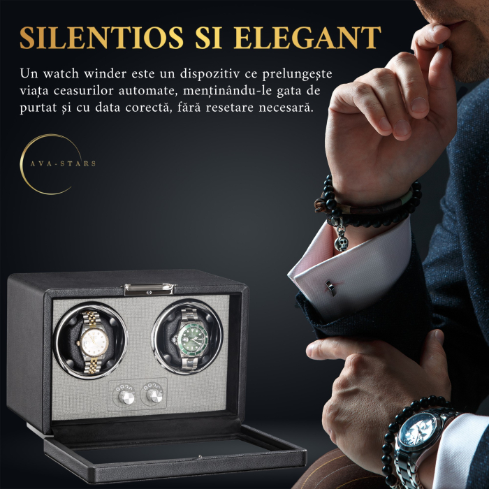 Cutie Premium de Intors 2 Ceasuri Automatice, Watch Winder, Interior din Catifea, Exterior din Piele, Alimentare la Priză sau Baterii [3]