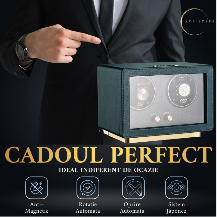 Cutie Premium de Intors 2 Ceasuri Automatice, Watch Winder, Verde Închis, Interior din Catifea, Exterior din Piele, Alimentare la Priză sau Baterii [5]