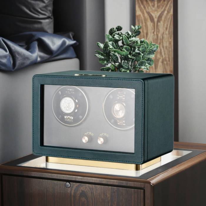 Cutie Premium de Intors 2 Ceasuri Automatice, Watch Winder, Verde Închis, Interior din Catifea, Exterior din Piele, Alimentare la Priză sau Baterii [10]