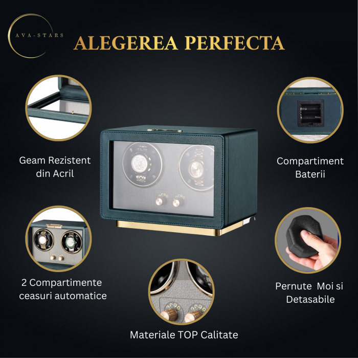 Cutie Premium de Intors 2 Ceasuri Automatice, Watch Winder, Verde Închis, Interior din Catifea, Exterior din Piele, Alimentare la Priză sau Baterii [3]