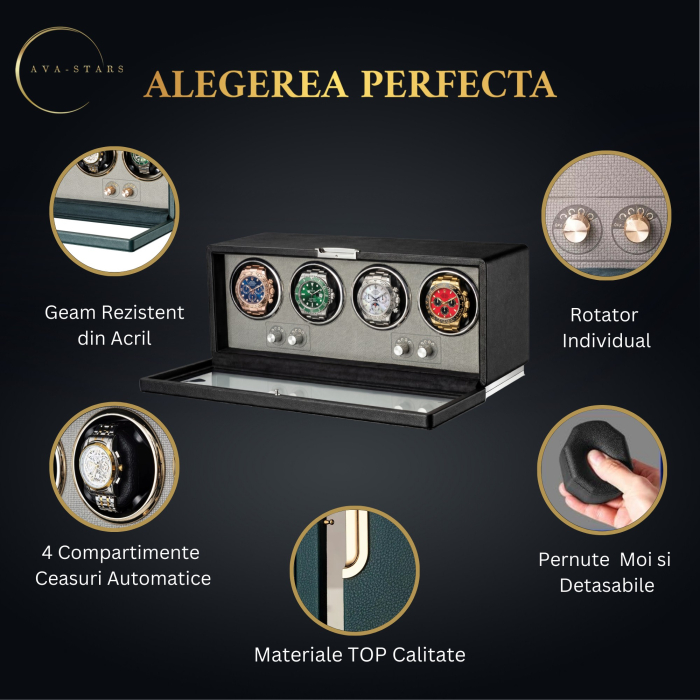 Cutie Premium de Intors 4 Ceasuri Automatice, Watch Winder, Interior din Catifea, Exterior din Piele, Alimentare la Priză [3]