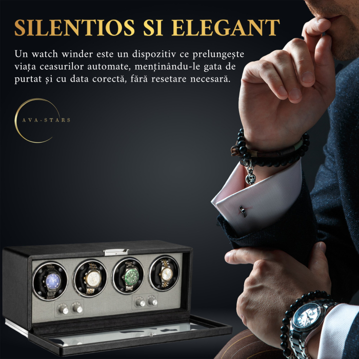 Cutie Premium de Intors 4 Ceasuri Automatice, Watch Winder, Interior din Catifea, Exterior din Piele, Alimentare la Priză [2]