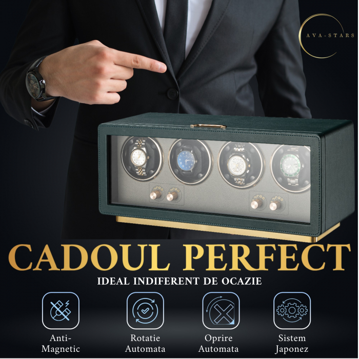Cutie Premium de Intors 4 Ceasuri Automatice, Watch Winder, Interior din Catifea, Exterior din Piele, Alimentare la Priză [6]