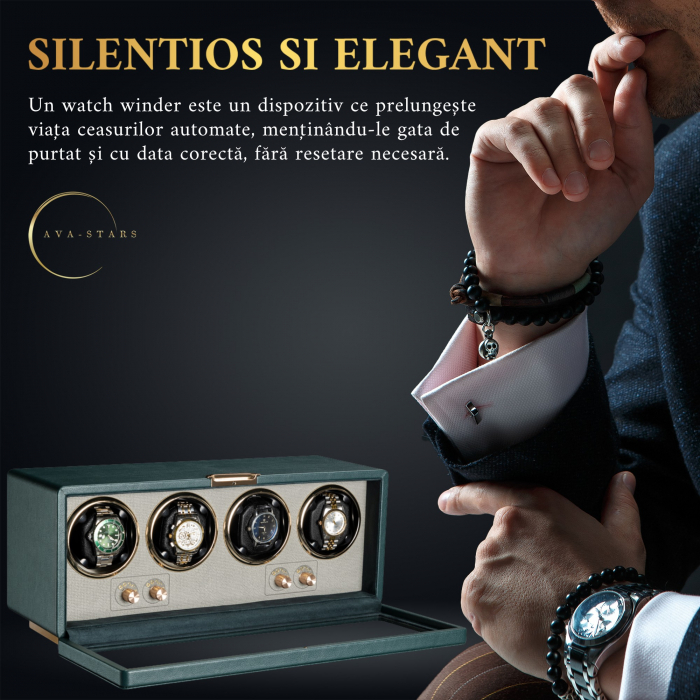 Cutie Premium de Intors 4 Ceasuri Automatice, Watch Winder, Interior din Catifea, Exterior din Piele, Alimentare la Priză [2]