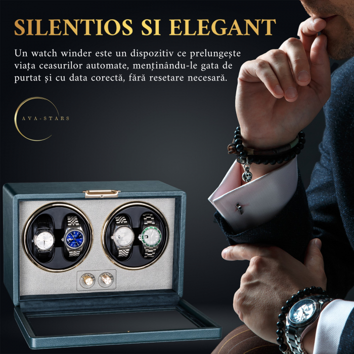 Cutie Premium de Intors 4 Ceasuri Automatice, Watch Winder, Verde Închis, Interior din Catifea, Exterior din Piele, Alimentare la Priză sau Baterii [2]