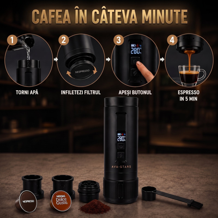 Espressor Portabil, Aparat de Cafea Portabil pentru Capsule Dolce Gusto, Capsule Nespresso, Cafea Macinata, Incalzeste Apa, 30 Bari, Baterie 9600 mAh, Rezervor 100 ml [7]