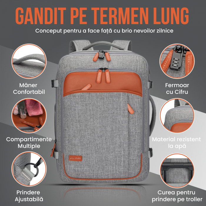 Rucsac calatorie avion barbati/femei, convertibil in geanta de mana tip duffel, cu cifru, compartiment laptop 17 inch, port USB, impermeabil, extensibil 35-42L, ideal ca bagaj de mana [3]