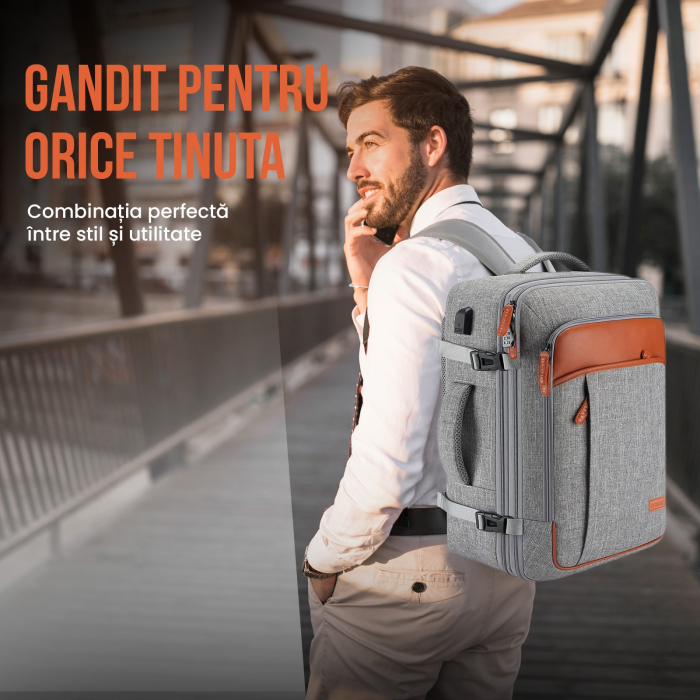 Rucsac calatorie avion barbati/femei, convertibil in geanta de mana tip duffel, cu cifru, compartiment laptop 17 inch, port USB, impermeabil, extensibil 35-42L, ideal ca bagaj de mana [6]
