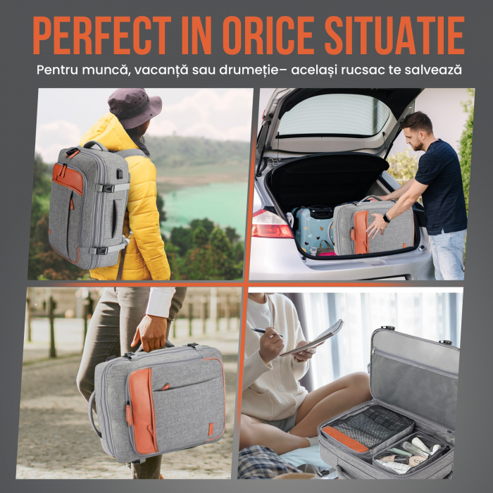 Rucsac calatorie avion barbati/femei, convertibil in geanta de mana tip duffel, cu cifru, compartiment laptop 17 inch, port USB, impermeabil, extensibil 35-42L, ideal ca bagaj de mana [7]