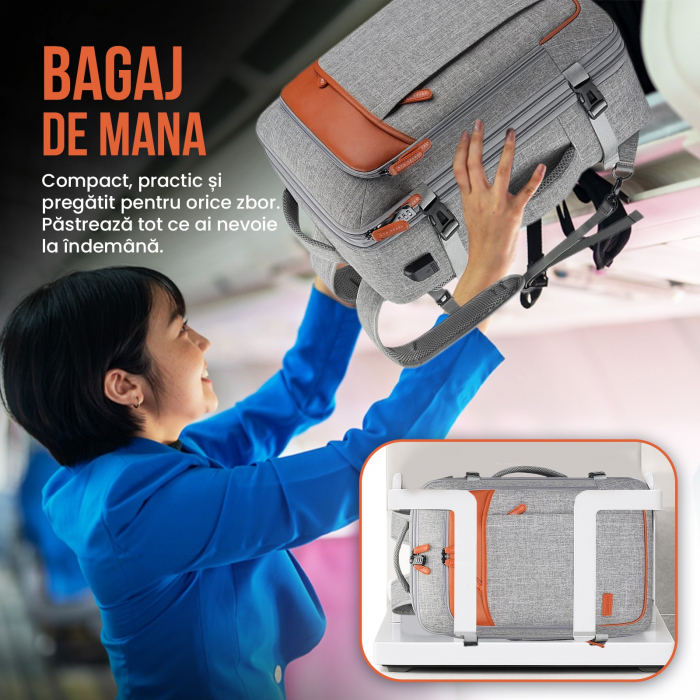 Rucsac calatorie avion barbati/femei, convertibil in geanta de mana tip duffel, cu cifru, compartiment laptop 17 inch, port USB, impermeabil, extensibil 35-42L, ideal ca bagaj de mana [4]