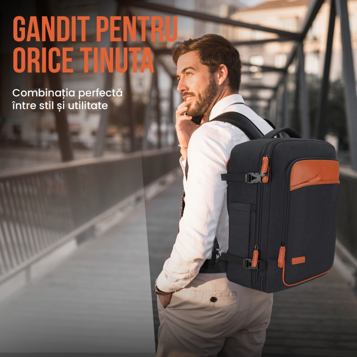 Rucsac calatorie avion barbati/femei, convertibil in geanta de mana tip duffel, cu cifru, compartiment laptop 17 inch, port USB, impermeabil, extensibil 35-42L, ideal ca bagaj de mana [6]