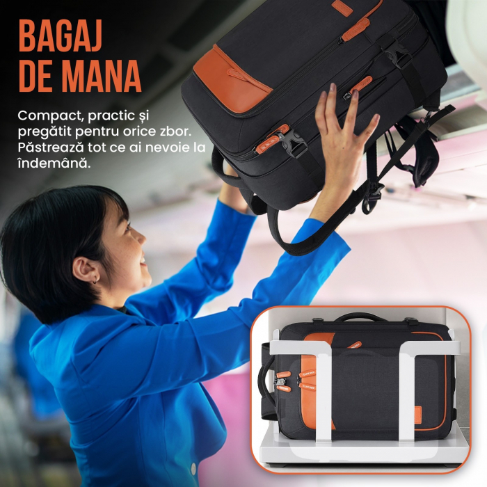 Rucsac calatorie avion barbati/femei, convertibil in geanta de mana tip duffel, cu cifru, compartiment laptop 17 inch, port USB, impermeabil, extensibil 35-42L, ideal ca bagaj de mana [4]