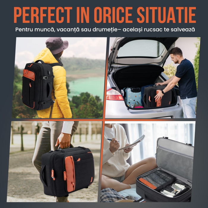 Rucsac calatorie avion barbati/femei, convertibil in geanta de mana tip duffel, cu cifru, compartiment laptop 17 inch, port USB, impermeabil, extensibil 35-42L, ideal ca bagaj de mana [7]