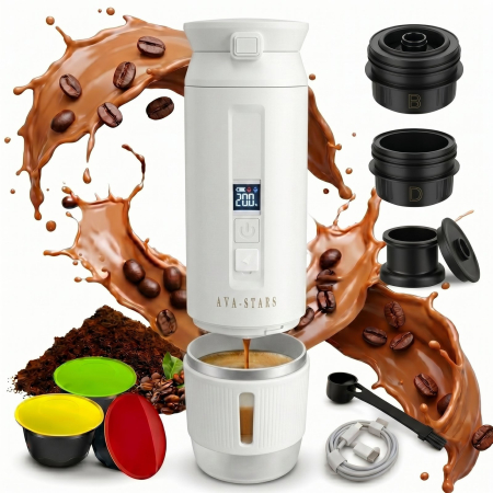 CALATORIE SI OUTDOOR - Aparat cafea portabil, Espressor 4in1 capsule Nespresso, Dolce Gusto, cafea macinata si ceai, 25 Bar, baterie 9600mAh, incalzire apa, pentru masina, camping, calatorii