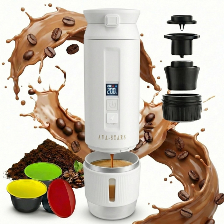 Aparat cafea portabil, Espressor 4in1 capsule Nespresso, Dolce Gusto, cafea macinata si ceai, 25 Bar, baterie 9600mAh, incalzire apa, pentru masina, camping, calatorii [0]